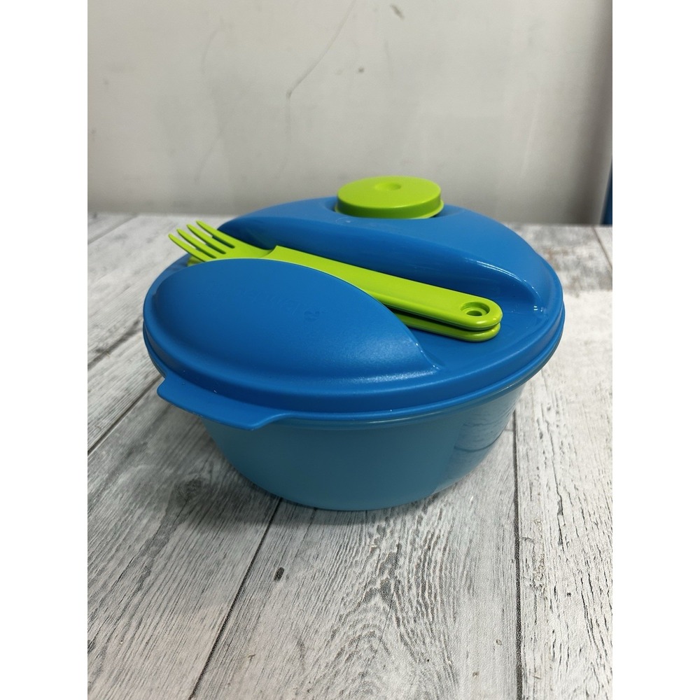 Blue Tupperware On The Go Lunch Salad Bowl Complete Set 1700 1.5L 6 1/3 Cups